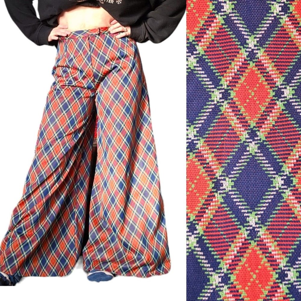 Vtg 70s Plaid Wide Leg Trousers Pants High Waist Mega Flare Christmas Red Sz 8